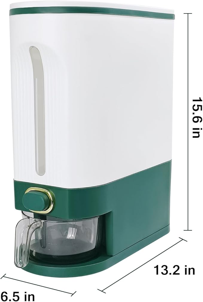 LUOKER Rice Dispenser,25 Lbs Rice Storage with Measuring Cup,White&Green Rice Container with One-Touch,Cereal Dispenser Storage with Lids for Rice, Corn,Soybean & Oatmeal,Airtight, Moisture Proof