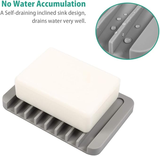 3PCS Self Draining Soap Holder, Premium Silicone Soap Dish, Soap Saver for Shower, Bathroom, Kitchen, Bath Tub, Sponges,Keep Soap Bars Dry Clean,Easy Clean,Extend Soap Life (Grey)