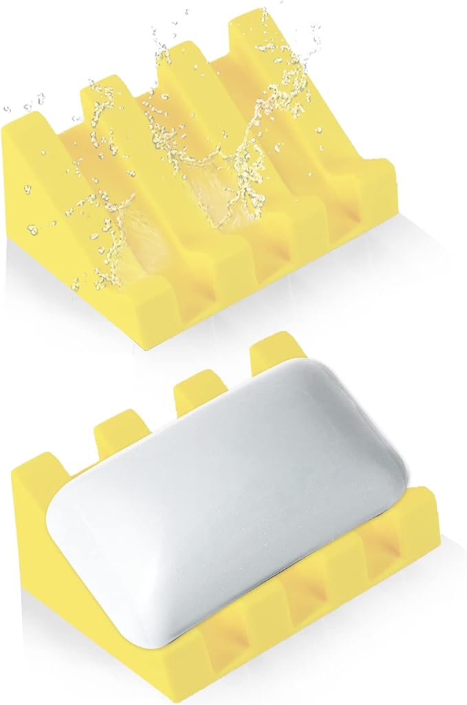 2 Pack Self Draining Silicone Soap Dish for Shower & Kitchen - Non-Slip Waterfall Bar Soap Holder Tray, Soap Saver Keeps Soap Dry, Easy to Clean & Hygienic (Yellow)