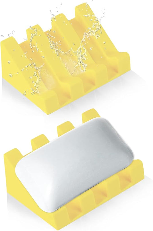 2 Pack Self Draining Silicone Soap Dish for Shower & Kitchen - Non-Slip Waterfall Bar Soap Holder Tray, Soap Saver Keeps Soap Dry, Easy to Clean & Hygienic (Yellow)