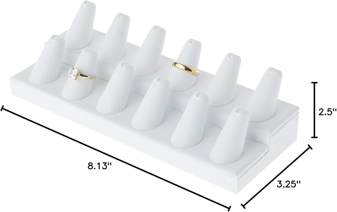 Plymor White Faux Leather 2-Tier Ring Finger Display, Twelve on Rectangular Base, 8.125" W x 3.25" D x 2.5" H (Pack of 12)