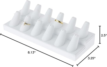 Plymor White Faux Leather 2-Tier Ring Finger Display, Twelve on Rectangular Base, 8.125" W x 3.25" D x 2.5" H (Pack of 6)