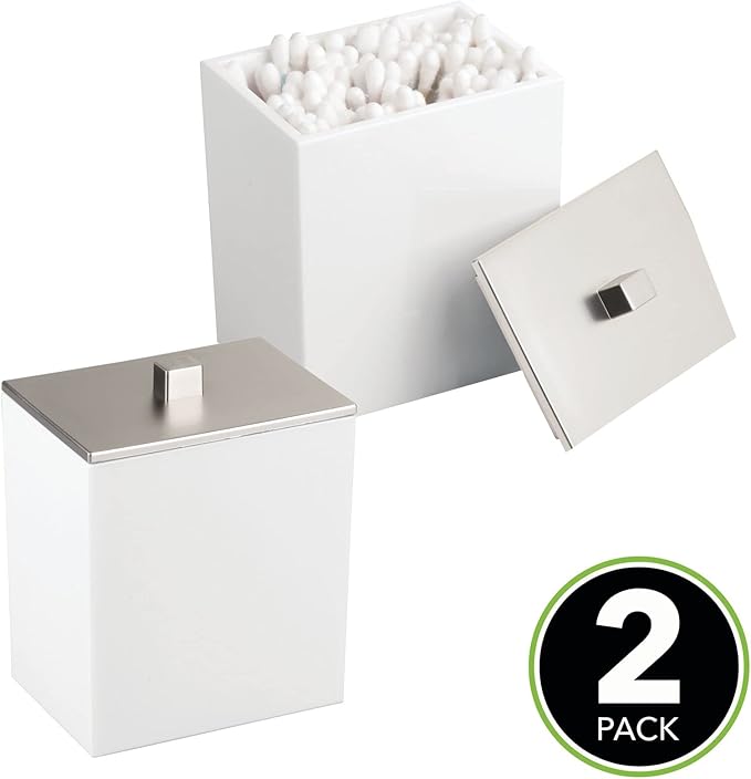 mDesign Plastic Rectangle Apothecary Canister - Organizer for Bathroom Vanity Countertop Shelf Decor - Holds Cotton Swabs, Soap, Makeup, Bath Salts - Lumiere Collection - 2 Pack - White/Brushed Chrome