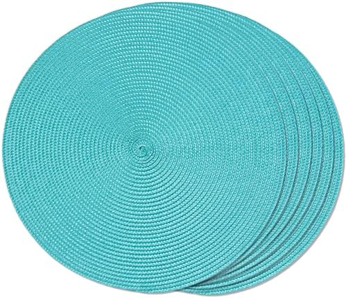 FunWheat Round Braided Placemats Set of 6 Table Mats for Dining Tables Woven Washable Non-Slip Place mats 15 inch(Turquoise, 6pcs) by FunWheat