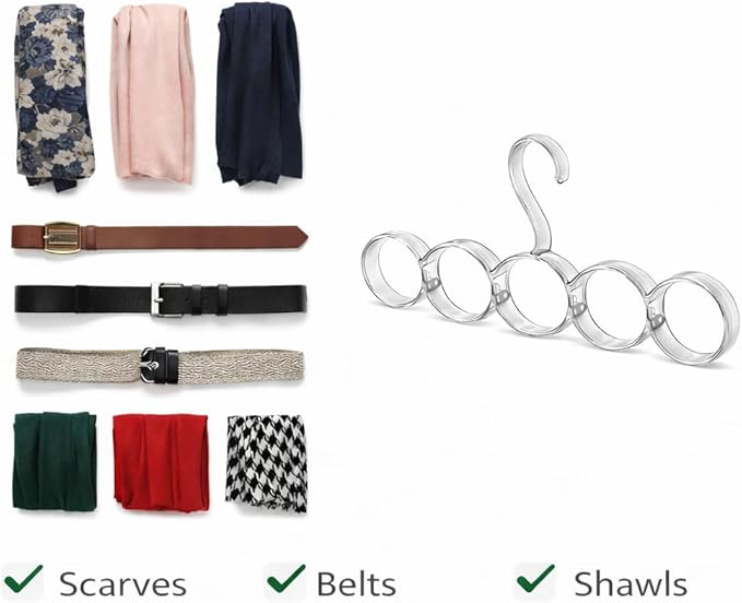 5-Hole Snag-Free Scarf Hanger Closet Organizer, Clear Plastic Accessory Holder for Scarves Belts Shawls Ties