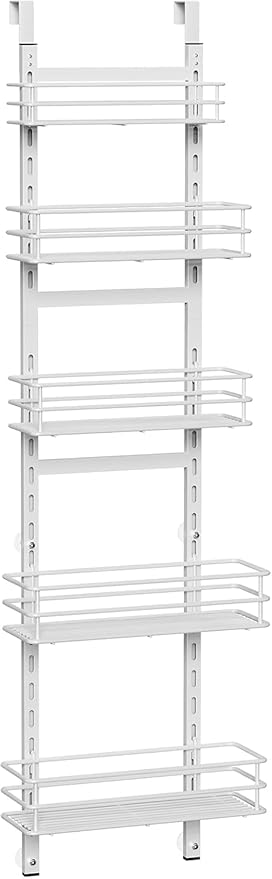 Adjustable 5-Tier Over the Door Pantry Organizer, Spice Rack, Narrow Hanging Shelf for Kitchen Storage and Organization (White)