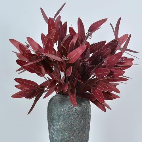 Ziwon Artificial Eucalyptus Stems Fall Decor, Burgundy, 32 in, 4 Packs - Image 3