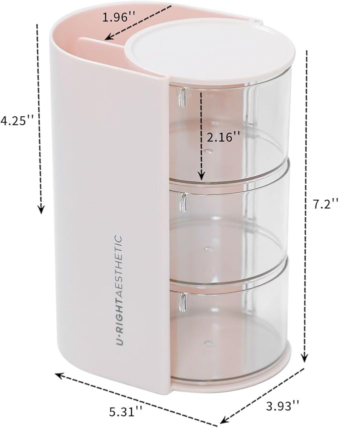 FABROK 3-Layer Hair Accessories Organizer with Brushes Holder, Rotating Small Jewelry Box for Hair Ties Clip Earring Necklaces, Bathroom Vanity Desktop Organizer Case for Cotton Swab(Pink)
