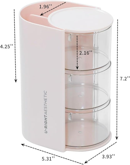 FABROK 3-Layer Hair Accessories Organizer with Brushes Holder, Rotating Small Jewelry Box for Hair Ties Clip Earring Necklaces, Bathroom Vanity Desktop Organizer Case for Cotton Swab(Pink)