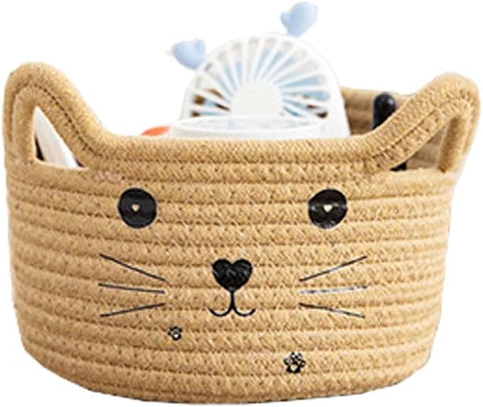 Cotton Rope Basket Yarn Basket With Ears Cute Baby Shower Gifts Cartoon Pet Toys Organizer Bins Small Basket For Makeup/Keys 8.3 x 4.7 inches,Brown