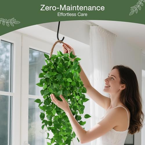 Pothos Vines Artificial 6 Pack, 40" Fake Hanging Plants for Wall Decor Indoor, Green Heart-Leaf Vines for Wall Backdrop Living Room Bedroom Party Decor - Image 5