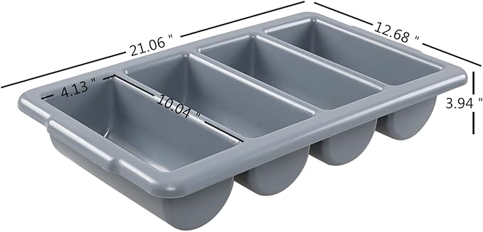 Pack of 4 4-Compartment Restaurant Silverware Organizer Bins, Plastic Commercial Cutlery Holder, Gray