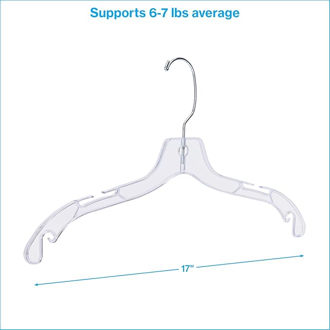 SSWBasics 17 inch Clear Plastic Dress Hangers (Case of 20) - Features a Chrome Swivel Hook and Notched Shoulders - Perfect for Lightweight Fabrics and Can Be Used for Retail Stores