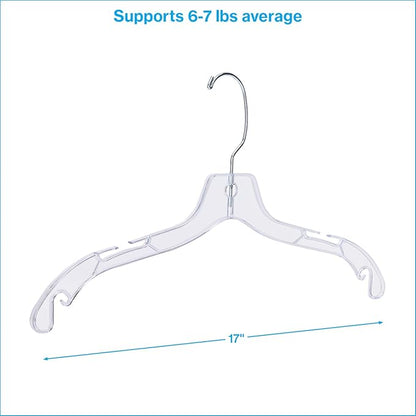 SSWBasics 17 inch Clear Plastic Dress Hangers (Case of 20) - Features a Chrome Swivel Hook and Notched Shoulders - Perfect for Lightweight Fabrics and Can Be Used for Retail Stores