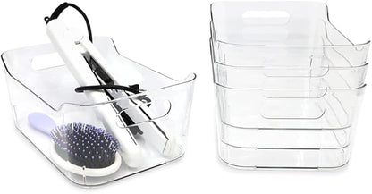 Isaac Jacobs 4-Pack Small Clear Storage Bins (9.4” x 6.7” x 4.1”) w/Handles, Plastic Box Set, Home, Office, Fridge, Freezer, Kitchen, Pantry Organization Container, BPA-Free/Food Safe (Small, 4-Pack)