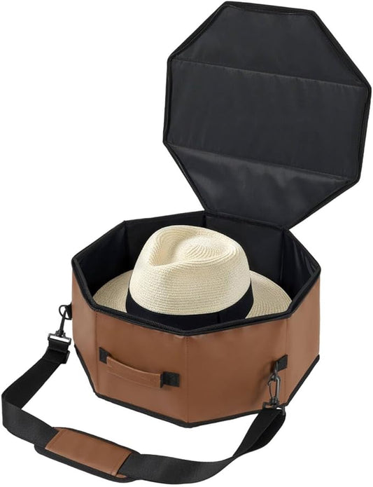 WERNNSAI Hat Storage Box for Cowboy & Wide BrimHats, OctagonalHat PU Leather Travel Case with Elastic Straps,Carry Handle Detachable Shoulder Strap,Dustproof, Travel & Home Closet Storage, Brown