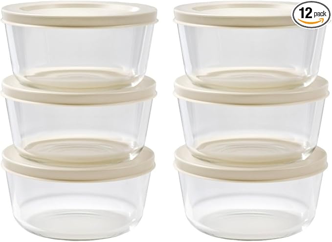 12-Piece Glass Food Storage Containers Set (6 Containers + 6 BPA-Free Lids) | 2-Cup, Leakproof | Microwave, Freezer, Oven & Dishwasher Safe | Ideal for Meal Prep & Pantry Organization, Beige