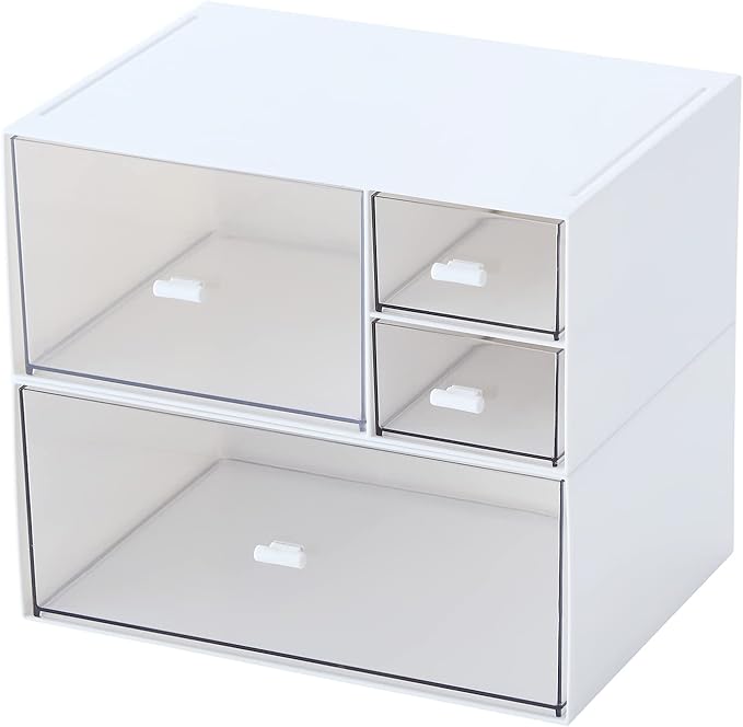 Marknor Desk Organizer with 4 Drawers, Makeup Organizer, Plastic Sundries Storage, Vanity Organizer, Cosmetic Storage Organizer, Desk Storage Box, Bathroom Counter or Dresser, White (CD-QBH-01)