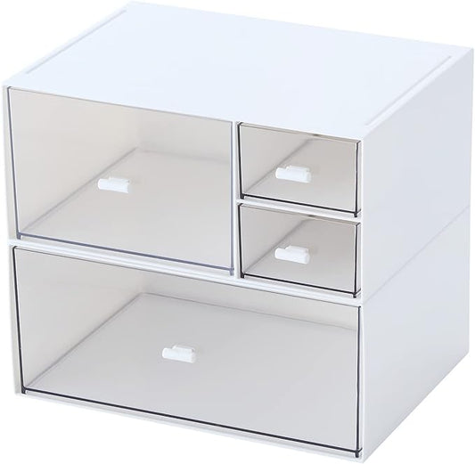 Marknor Desk Organizer with 4 Drawers, Makeup Organizer, Plastic Sundries Storage, Vanity Organizer, Cosmetic Storage Organizer, Desk Storage Box, Bathroom Counter or Dresser, White (CD-QBH-01)
