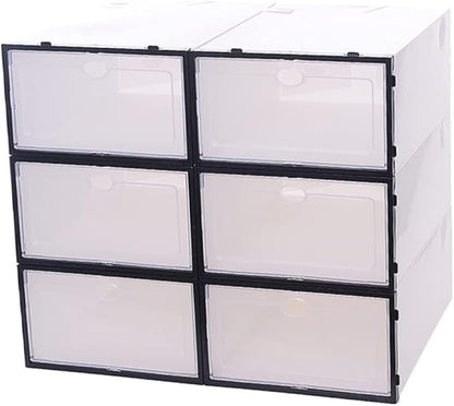UKCOCO 6PCS Thickened Transparent Shoe Boxes with Stackable Design and Plastic Material Clear Organizer for Women Footwear Storage Black Frame White Color and Space Saving Shoe Storage
