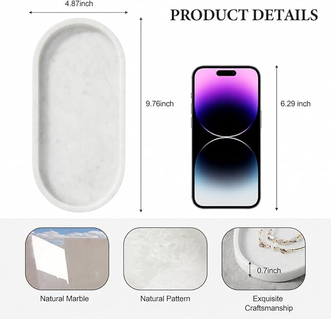 Koville Natural White Marble Tray for Home Decor, 10" x 5" Marble Vanity Tray for Bathroom Countertop Organizer Stone Trays, Catchall Tray for Perfume, Candles, Jewelry (Bianco Carrara)