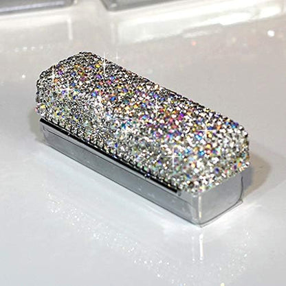 Lipstick Bling Rhinestone Crystal Case Storage Organizer Box with Mirror for Women's Lipstick Holder-Cosmetic Storage Kit (Silver)
