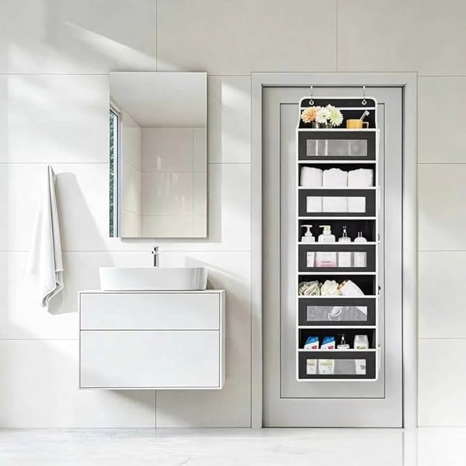 5-layer large capacity storage bag on the door, with 5 side pockets and transparent mesh visible design. The hard bottom plate is not easily deformed, and hooks and screws can be hung (black)