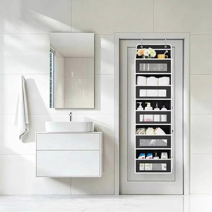 5-layer large capacity storage bag on the door, with 5 side pockets and transparent mesh visible design. The hard bottom plate is not easily deformed, and hooks and screws can be hung (black)