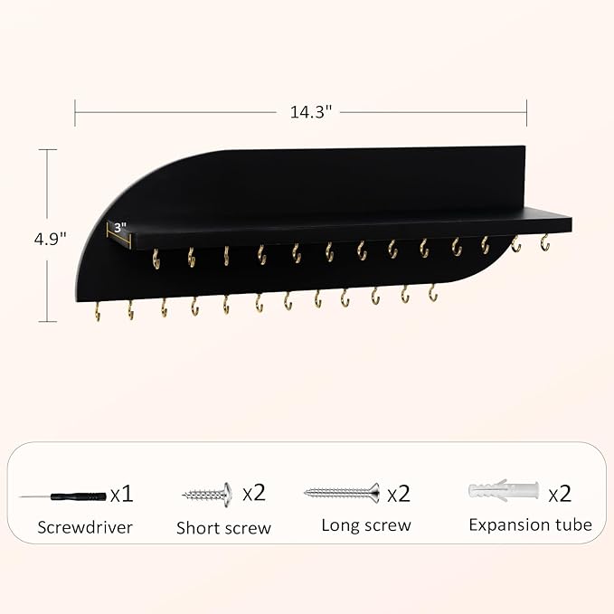 Hanging Jewelry Organizer with 25 Hooks and Cosmetics Shelf, Modern Wood Wall Mounted Jewelry Holder for Necklaces, Bracelets, Earrings and Rings, Black