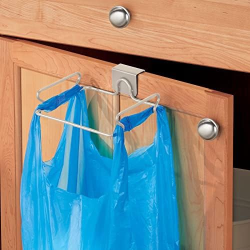 mDesign Over the Cabinet Metal Wire Small Garbage Container, Trash Bag Holder Rack for Recycled Reusable Disposable Plastic Shopping Grocery Bags for Kitchen, Pantry, Garage, Bathroom - Satin - Image 6