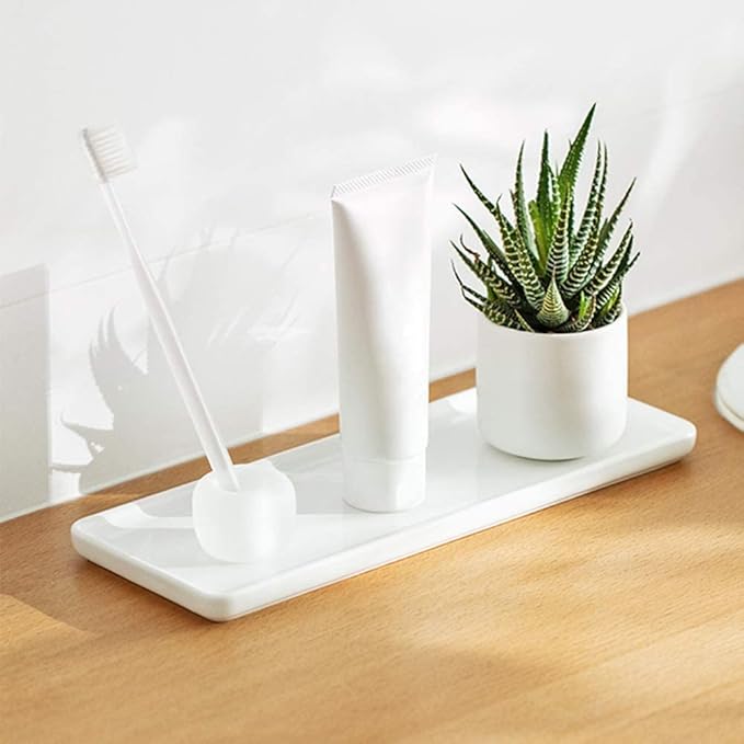Ceramic Candle Tray - Small Rectangle, White Marble Organizer for Candle, Soap, Jewelry, Perfume, Towel Holder - Decorative Bathroom, Kitchen Sink, Counter, Restroom