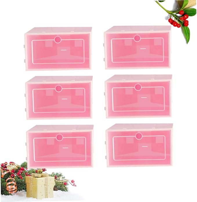 Amosfun 6pcs Stackable Transparent Shoe Storage Boxes Large Plastic Shoe Containers for Closet Organization Thicken Design Pink for Easy Access and Tidy Spaces