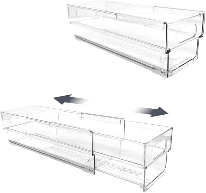 Isaac Jacobs 2-Pack Clear Expandable Storage Bins - Extra Small, 11"-19" L x 3.9" W x 3.1" H, Plastic Organizer with Cut-Out Handles, Adjustable Length from 11-19" for Home, Kitchen & Office