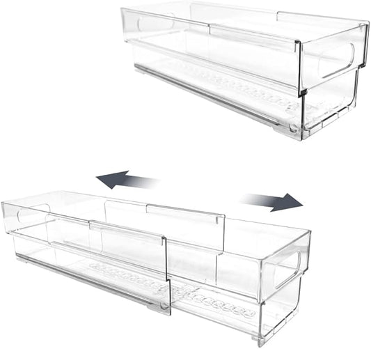 Isaac Jacobs 2-Pack Clear Expandable Storage Bins - Extra Small, 11"-19" L x 3.9" W x 3.1" H, Plastic Organizer with Cut-Out Handles, Adjustable Length from 11-19" for Home, Kitchen & Office