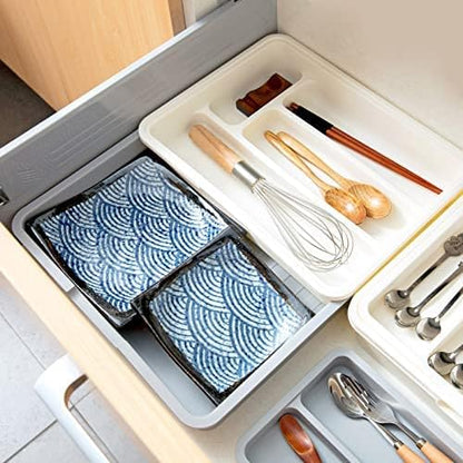 HornTide 3-in-1 Cutlery Tray, Expandable Utensils Holder, Plastic Kitchen Drawer Organizer for Silverware Storage and More - Gray