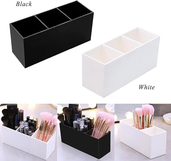AKOAK 1 Pack Black and White Three Grid desktop Storage Box, Girl Makeup Brush Lipstick Eyebrow Pencil Display Stand, Office Pen Holder, Dressing Table, Bathroom Makeup Tool Storage Box (White)