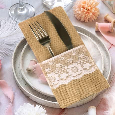 TM 100 Pack Natural Burlap Cutlery Holder Pouch Bag 4x8.5 Inch with Lace Silverware Napkin Holders Wedding Party Bridal Shower Table Setting Table Decoration