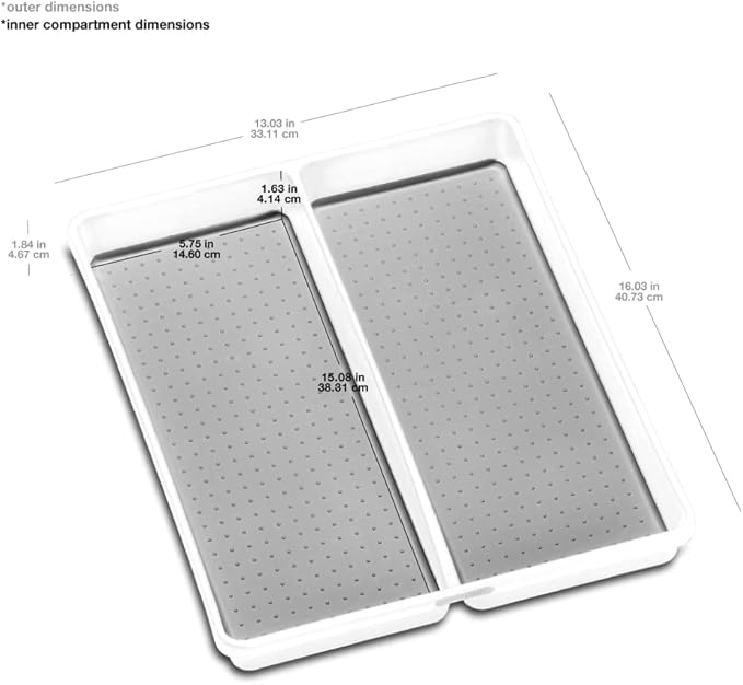madesmart Premium 2 Compartment Utensil Tray, Deep Storage for Ladles, Whisks & Serving Tools, Non Slip Lining, for Drawers & Home Organization, White
