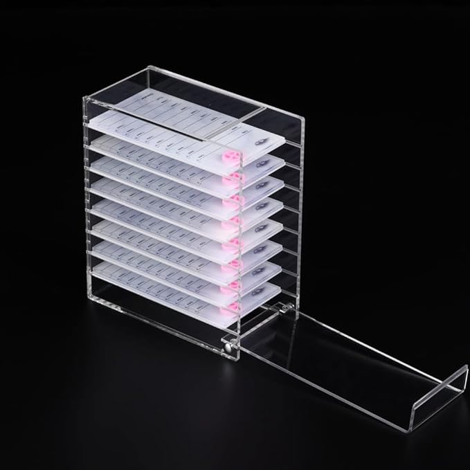8 Layers Acrylic Eyelash Storage Organizer, Grafting False Eyelashes Display with 8 Pallets, Dustproof Cosmetic Beauty Extension Supplies (Marble White)