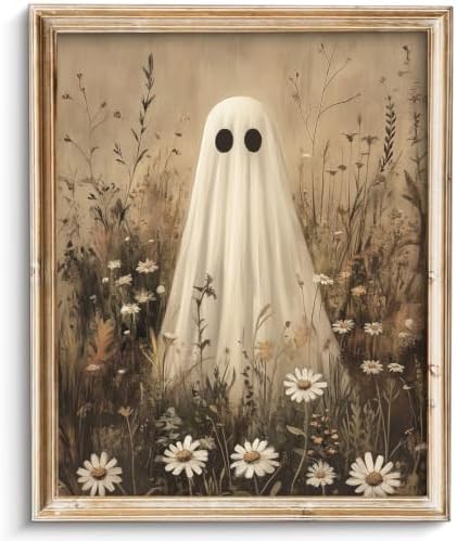 ZBJLLK Cute Ghost Wildflower Canvas Wall Art, Vintage Halloween Dark Academia Oil Painting Print, Spooky Cottagecore Botanical Artwork for Living Room Bedroom Bathroom Home Decor, 8x10 Inch Unframed by Unknown
