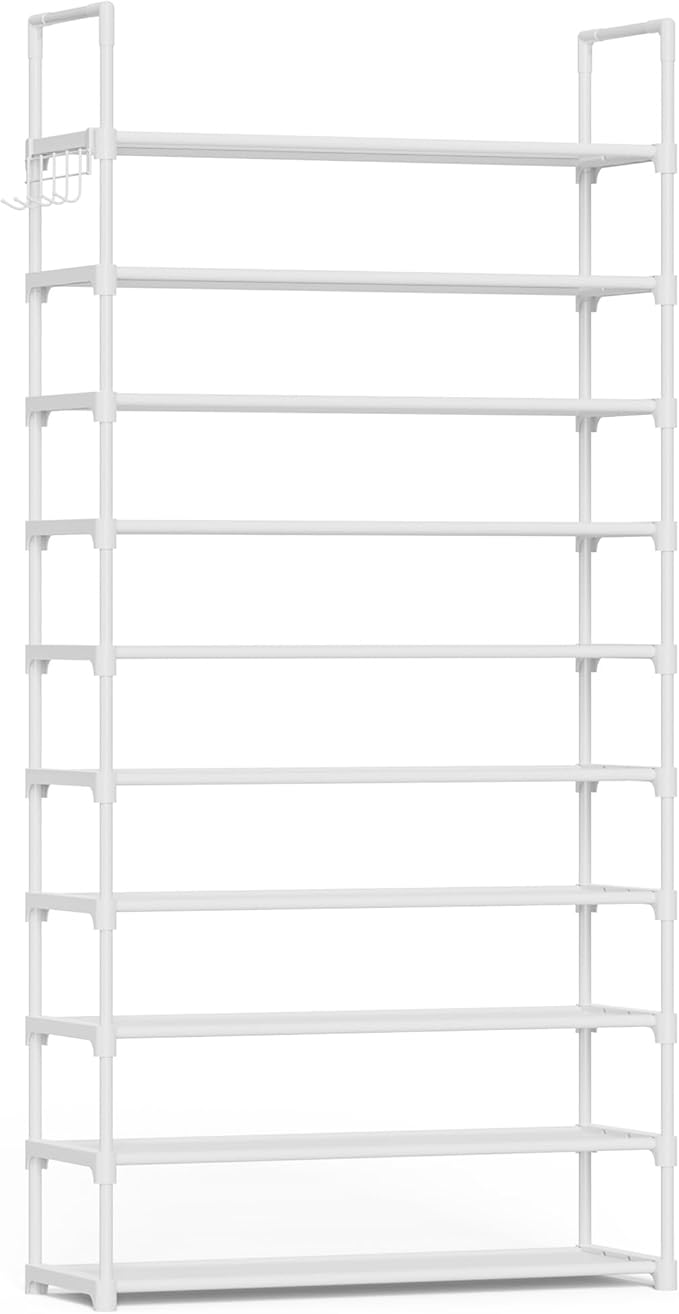 Kitsure Shoe Rack for Closet - 10-Tier Shoe Organizer with Hook Rack, Large-Capacity & Space-Saving Shoe Shelf for Entryway, Bedroom, Living Room,32.2" x 11.8" x 68.5", White