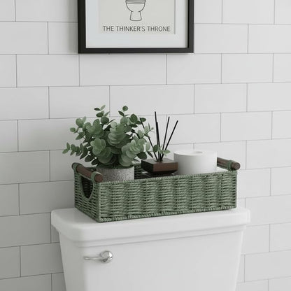 CubesLand Small Wicker Toilet Basket Tray Organizer W/Cut Out Handle, Handwoven Slim Decorative Basket for Countertop, Shelves And for Rustic Home Decor, Living Room, Nursery Organization, Green