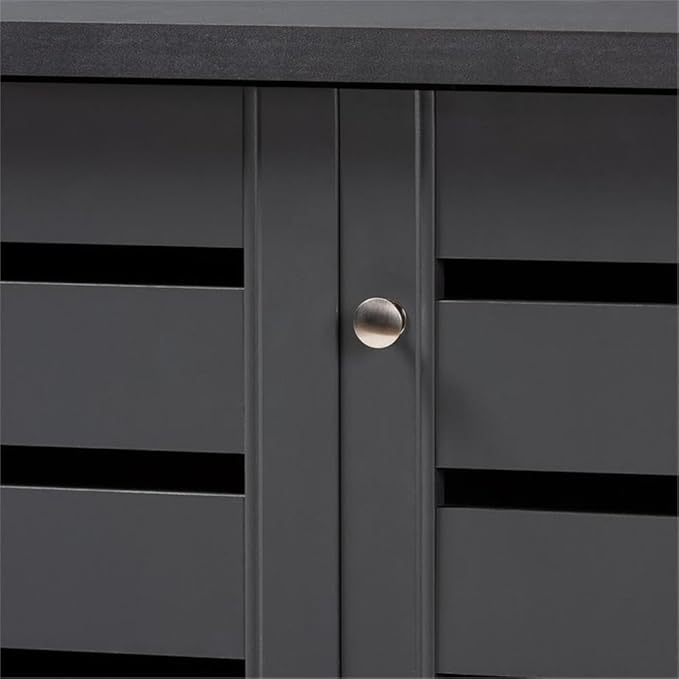 BOWERY HILL 3-Door Wood Entryway Shoe Cabinet, Dark Gray Finish, Engineered Wood Construction, Ventilated Slatted Doors, Holds 20 Pairs, Contemporary Style Shoe Storage for Entryway or Hallway Use