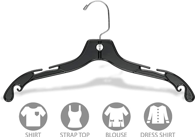 Sturdy Black Plastic Top Hanger, (Box of 25) Durable Space Saving Hangers with 360 Degree Chrome Swivel Hook and Notches for Hanging Straps