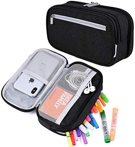 Large Capacity Pencil Case Big Storage Pencil Bag Pouch 3 Multifunctional Compartment Pen Marker Cases Holder Portable Office Stationery Organizer Supplies Makeup Bag, Black by VanceCharterSchool