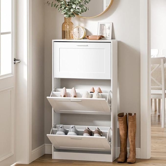 SoBuy Shoe Storage Cabinet Entryway, Freestanding Shoe Cabinet with 3 Flip-Drawers Fully Enclosed Tall Shoe Rack Shoe Organizer, White, FSR137-L-W
