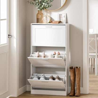 SoBuy Shoe Storage Cabinet Entryway, Freestanding Shoe Cabinet with 3 Flip-Drawers Fully Enclosed Tall Shoe Rack Shoe Organizer, White, FSR137-L-W