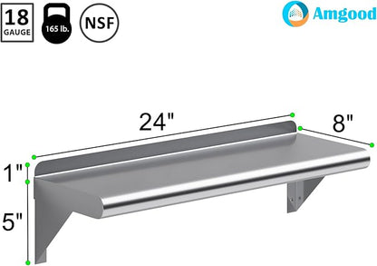 AmGood 8 in. x 24 in. Stainless Steel Wall Shelf | NSF | Metal Shelving | Garage, Laundry, Storage, Utility Room | Restaurant, Commercial Kitchen