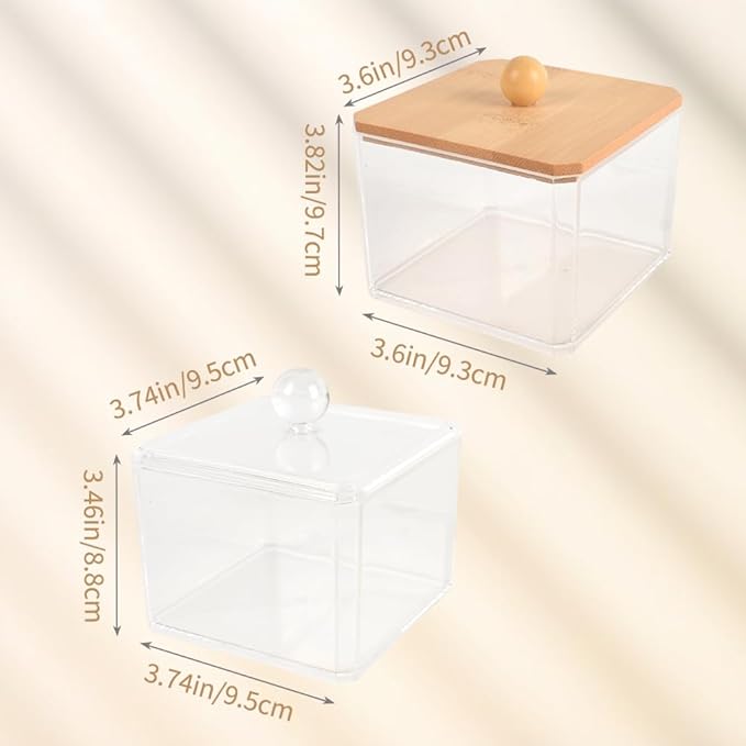 2pcs Acrylic Qtip Holder Dispenser with Lids, Clear Square Bathroom Canisters Plastic Storage Container