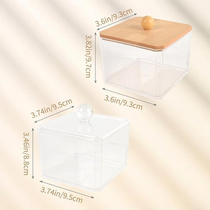 2pcs Acrylic Qtip Holder Dispenser with Lids, Clear Square Bathroom Canisters Plastic Storage Container
